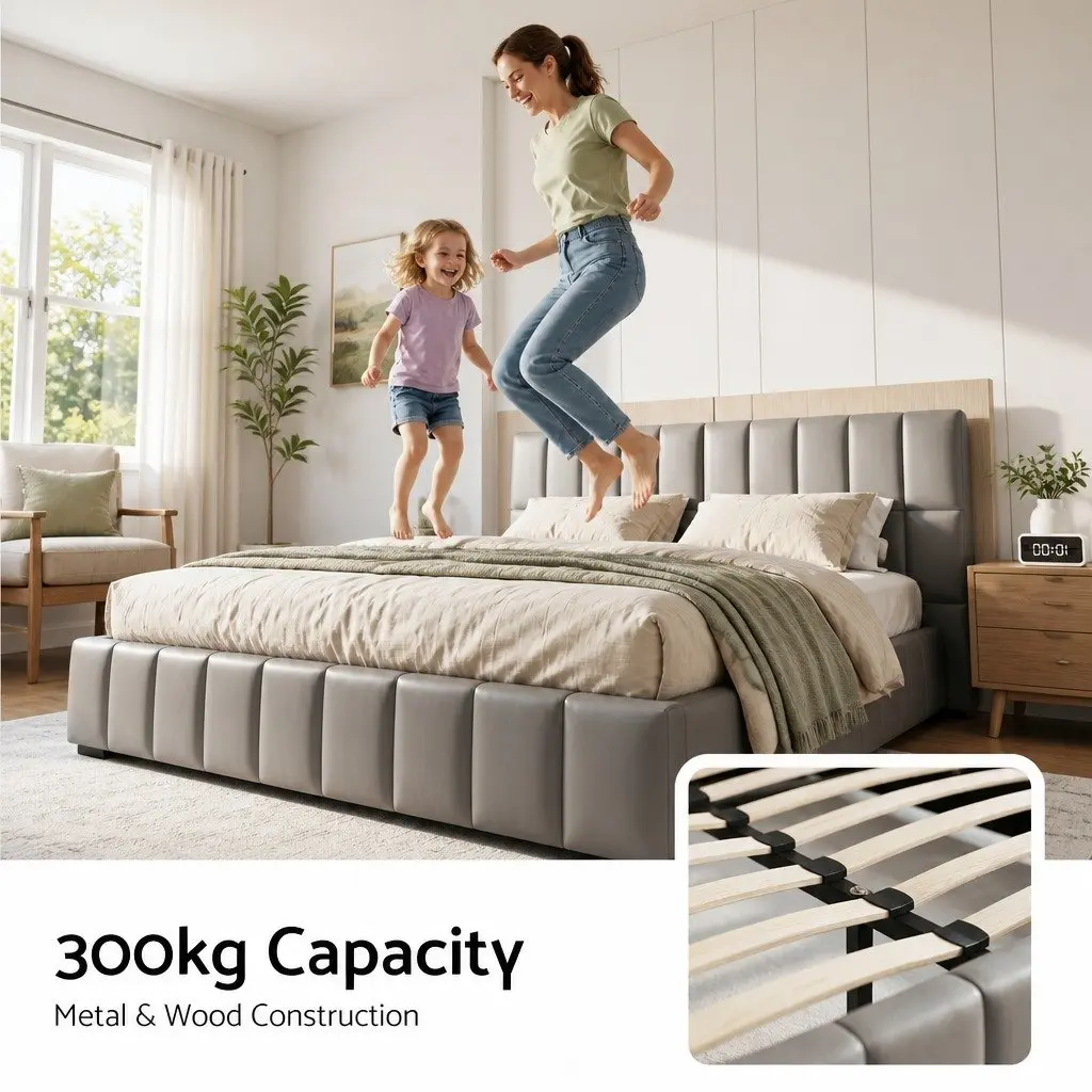 Double Bed Frame for Bedroom with Gas Lift Storage and Foldable Bench Grey