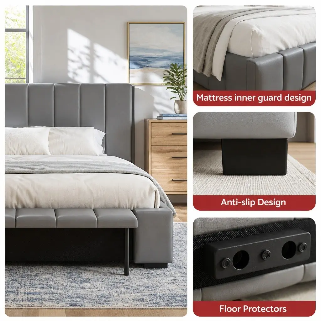 Double Bed Frame for Bedroom with Gas Lift Storage and Foldable Bench Grey