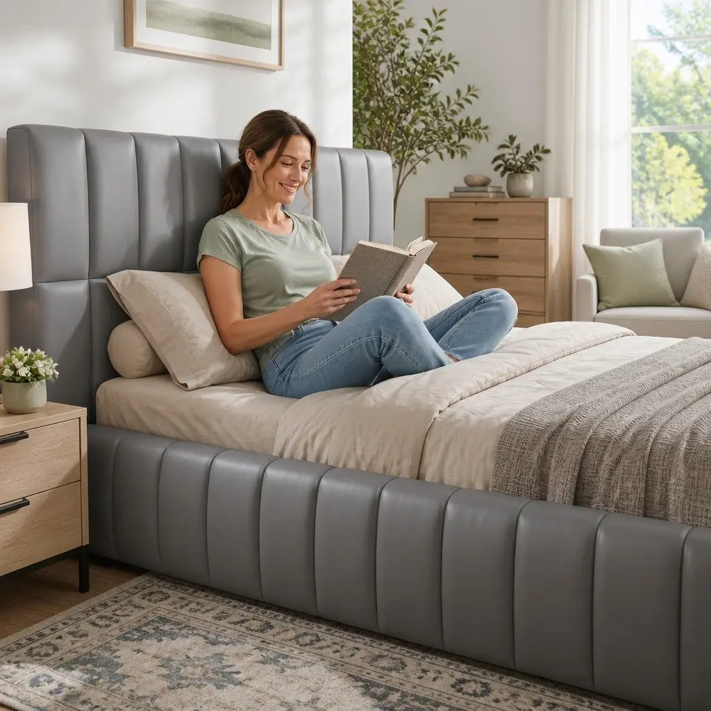 Double Bed Frame for Bedroom with Gas Lift Storage and Foldable Bench Grey