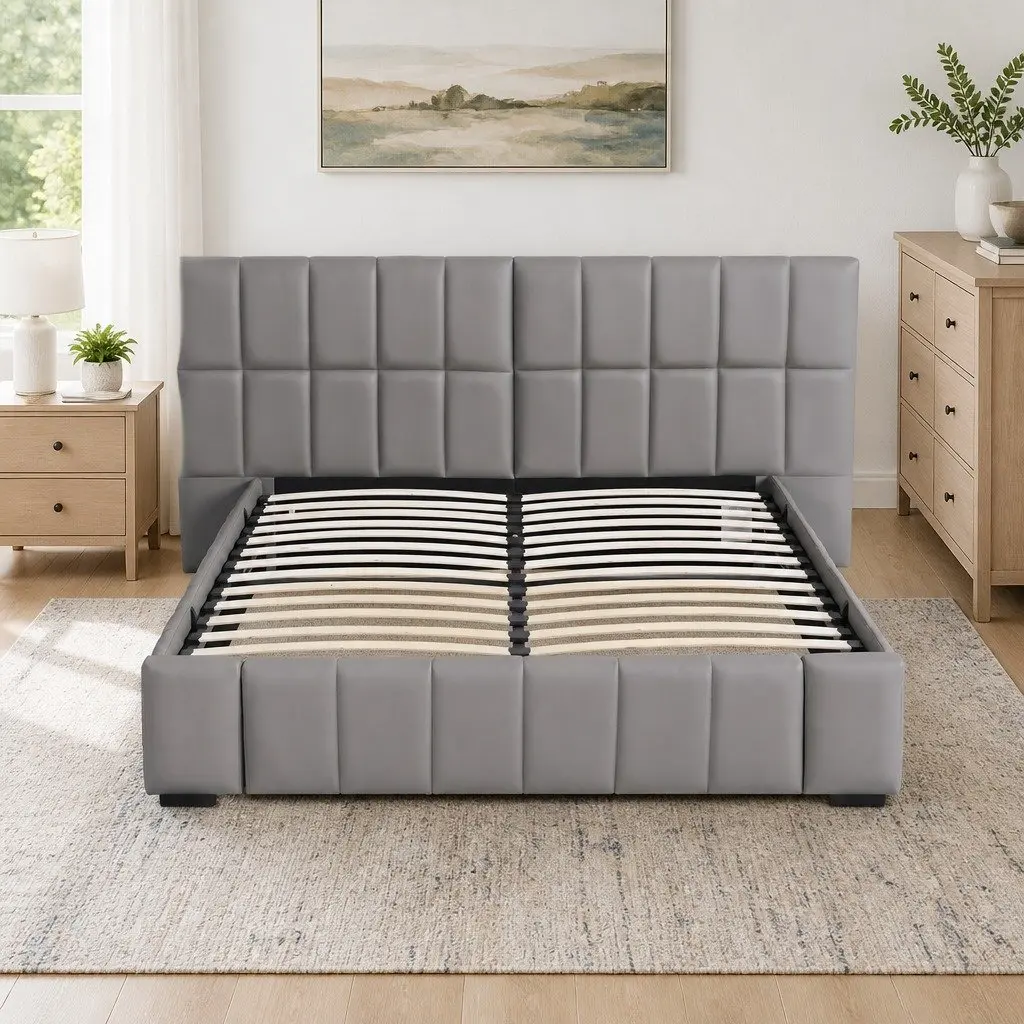 Queen Bed Frame Upholstered Gas Lift Storage Platform Bed with Foldable Bench 163206W x 220L x 99H cm