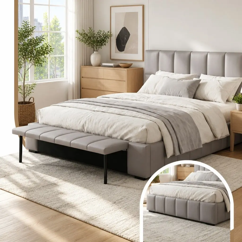 Queen Bed Frame Upholstered Gas Lift Storage Platform Bed with Foldable Bench 163206W x 220L x 99H cm