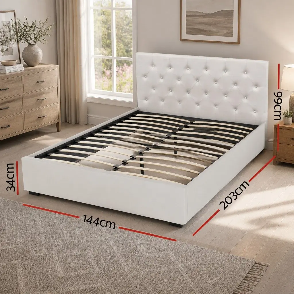 Double Bed Frame Gas Lift Storage Beige Upholstered Bedroom Furniture with