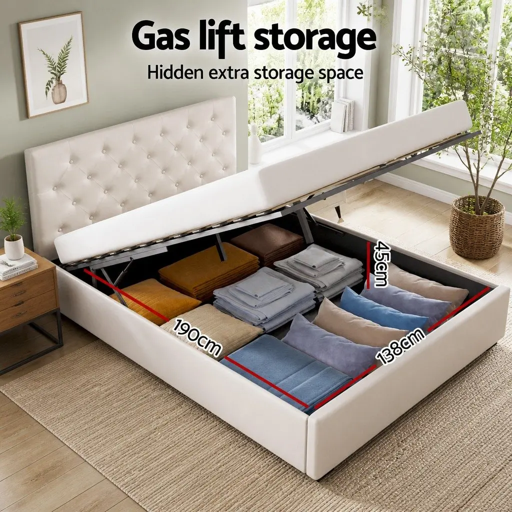 Double Bed Frame Gas Lift Storage Beige Upholstered Bedroom Furniture with