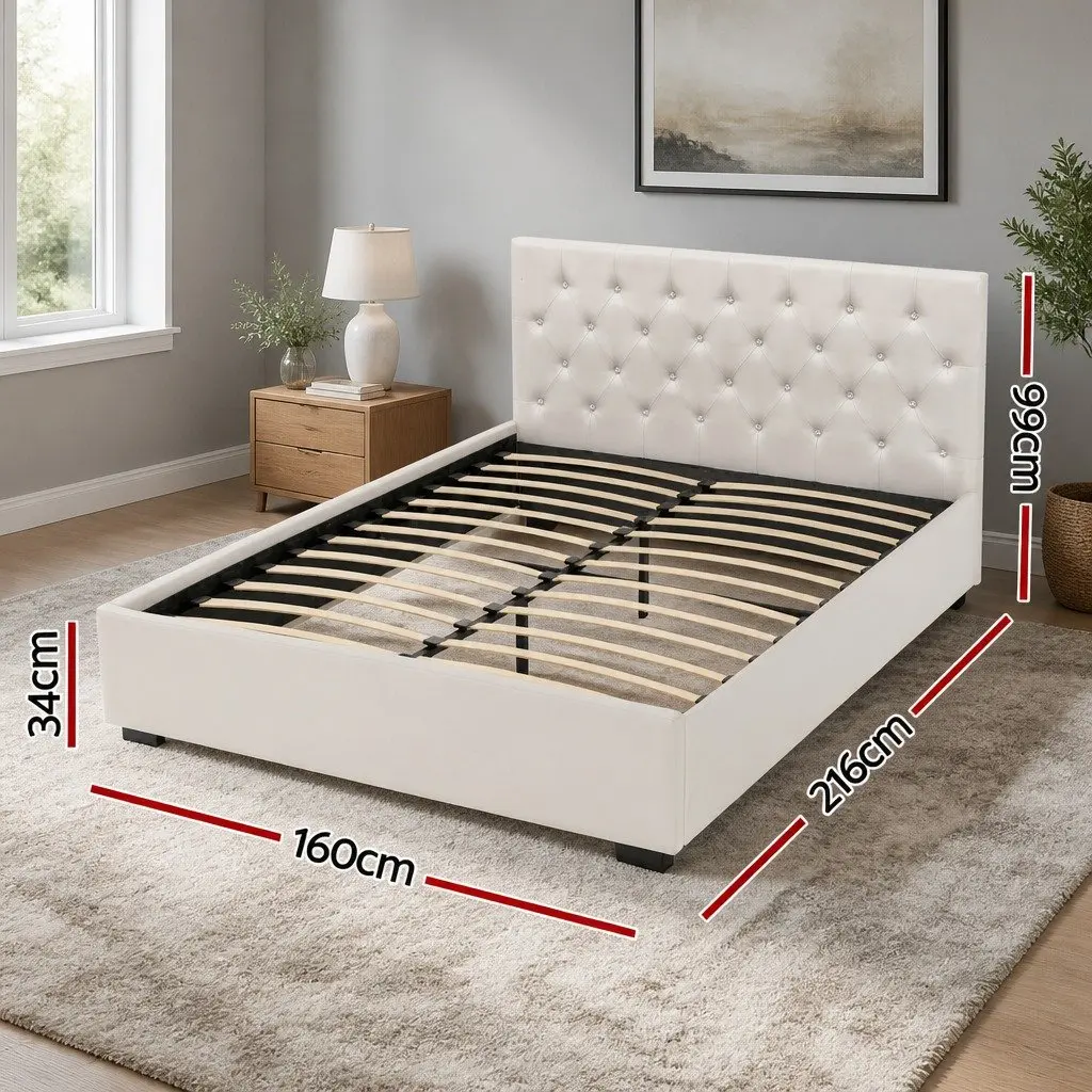 Queen Size Gas Lift Storage Bed Frame Beige Upholstered Bedroom