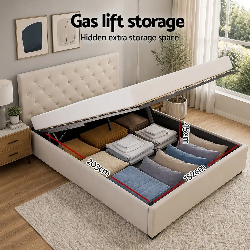 Queen Size Gas Lift Storage Bed Frame Beige Upholstered Bedroom