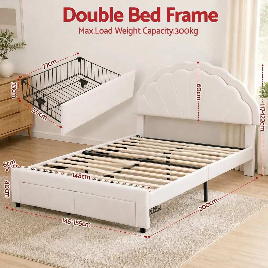 Double Bed Frame with Storage Drawers LED Headboard Upholstered Platform Bedroom