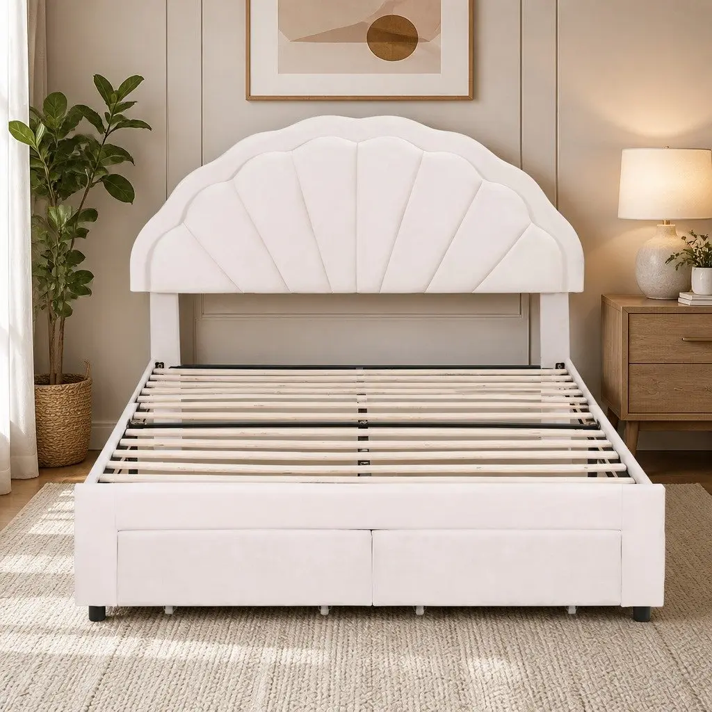 Double Bed Frame with Storage Drawers LED Headboard Upholstered Platform Bedroom