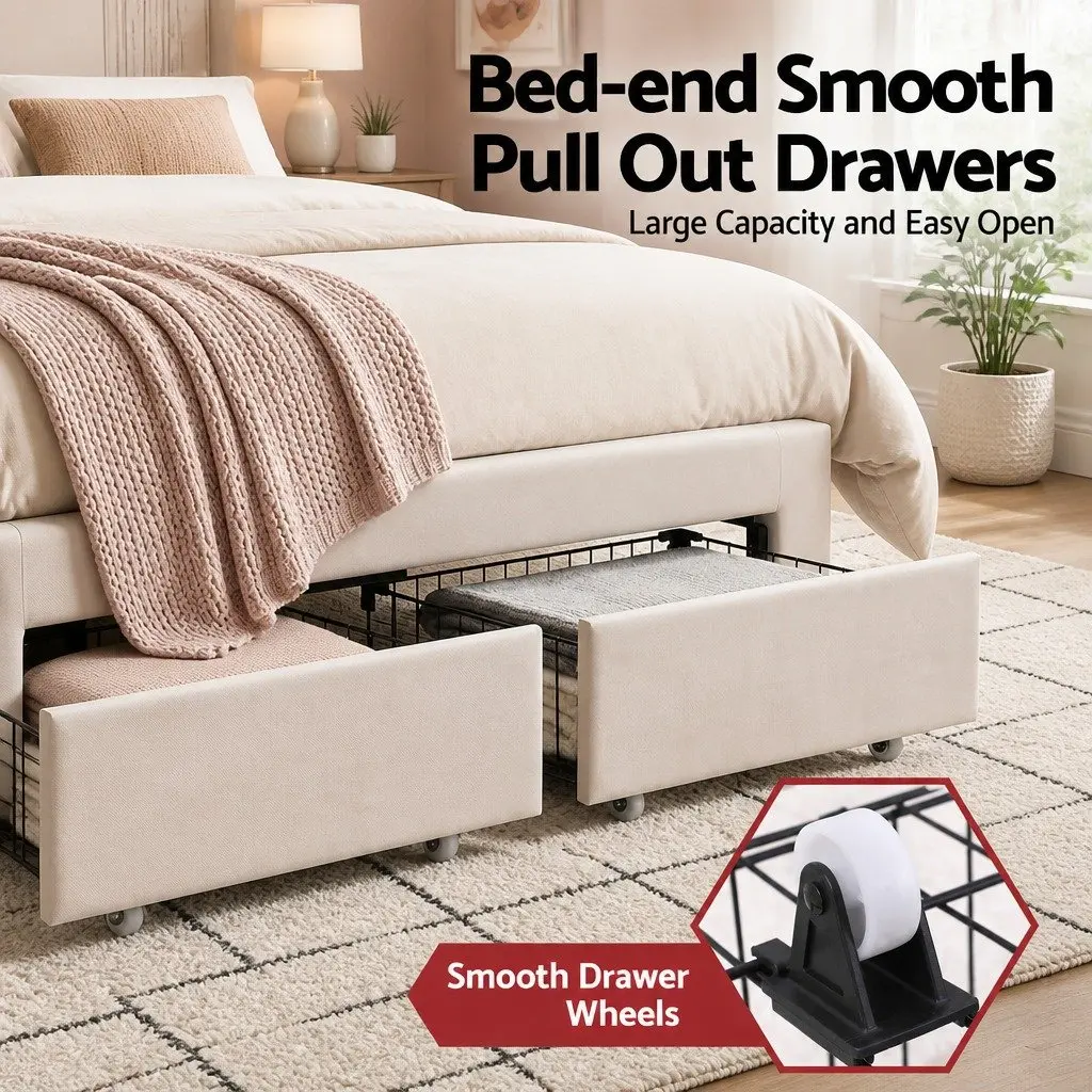 Double Bed Frame with Storage Drawers LED Headboard Upholstered Platform Bedroom