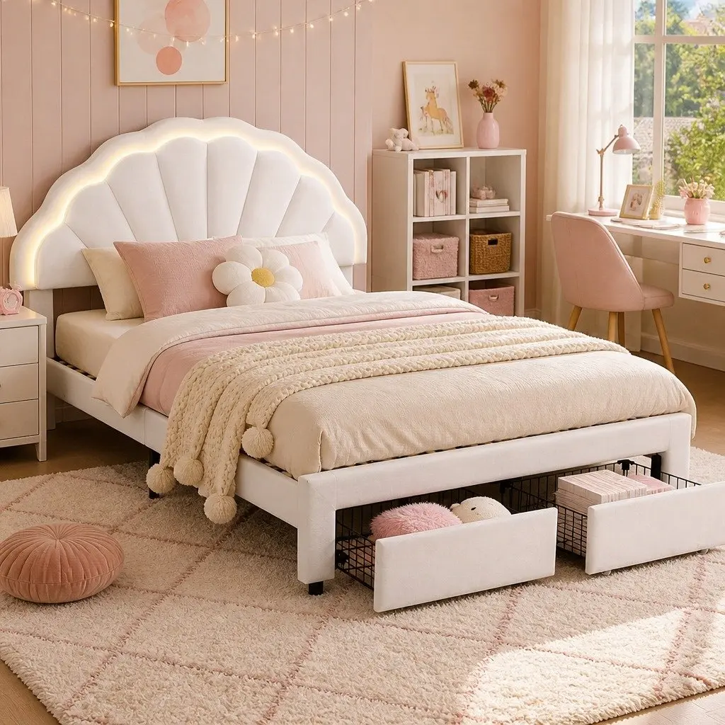 Double Bed Frame with Storage Drawers LED Headboard Upholstered Platform Bedroom