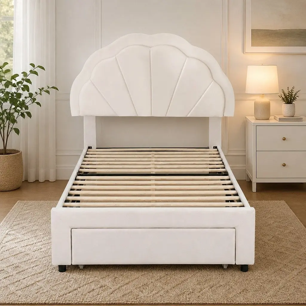 King Single Bed Frame with Storage Drawer LED Headboard Upholstered Platform
