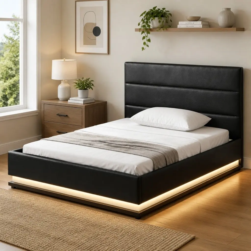 King Single Bed Frame Gas Lift Storage LED Lights Black Padded Headboard