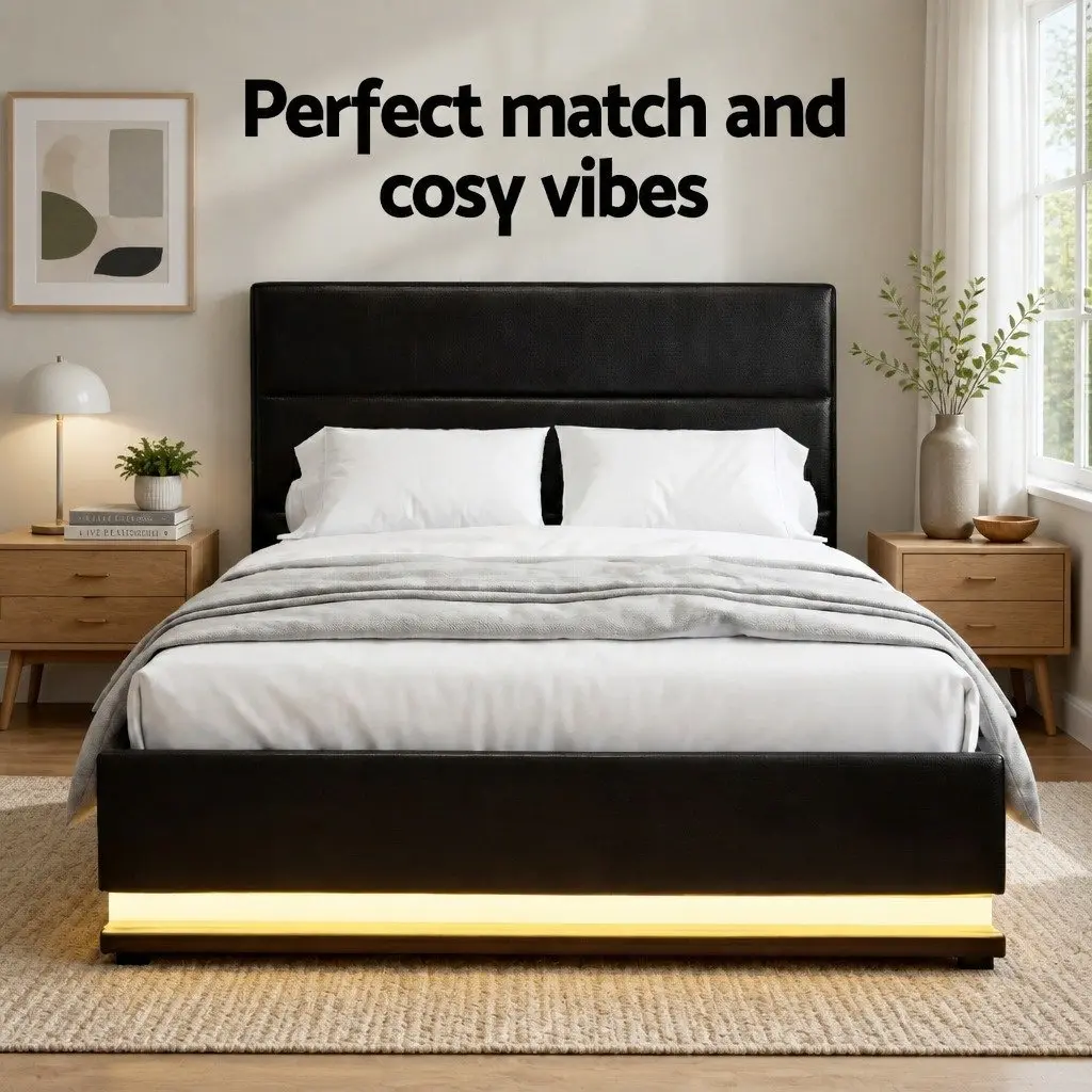 King Single Bed Frame Gas Lift Storage LED Lights Black Padded Headboard