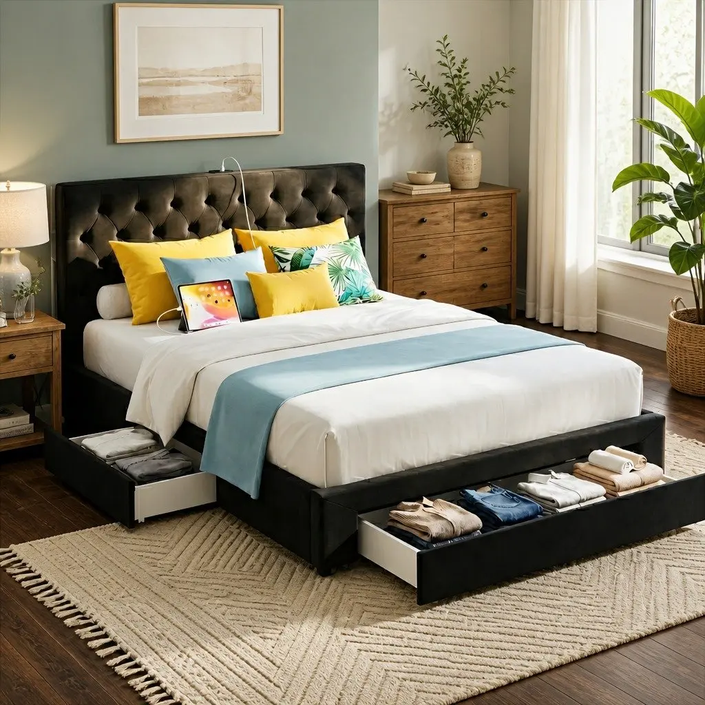 King-Sized Upholstered Bed Frame with Storage Drawers
