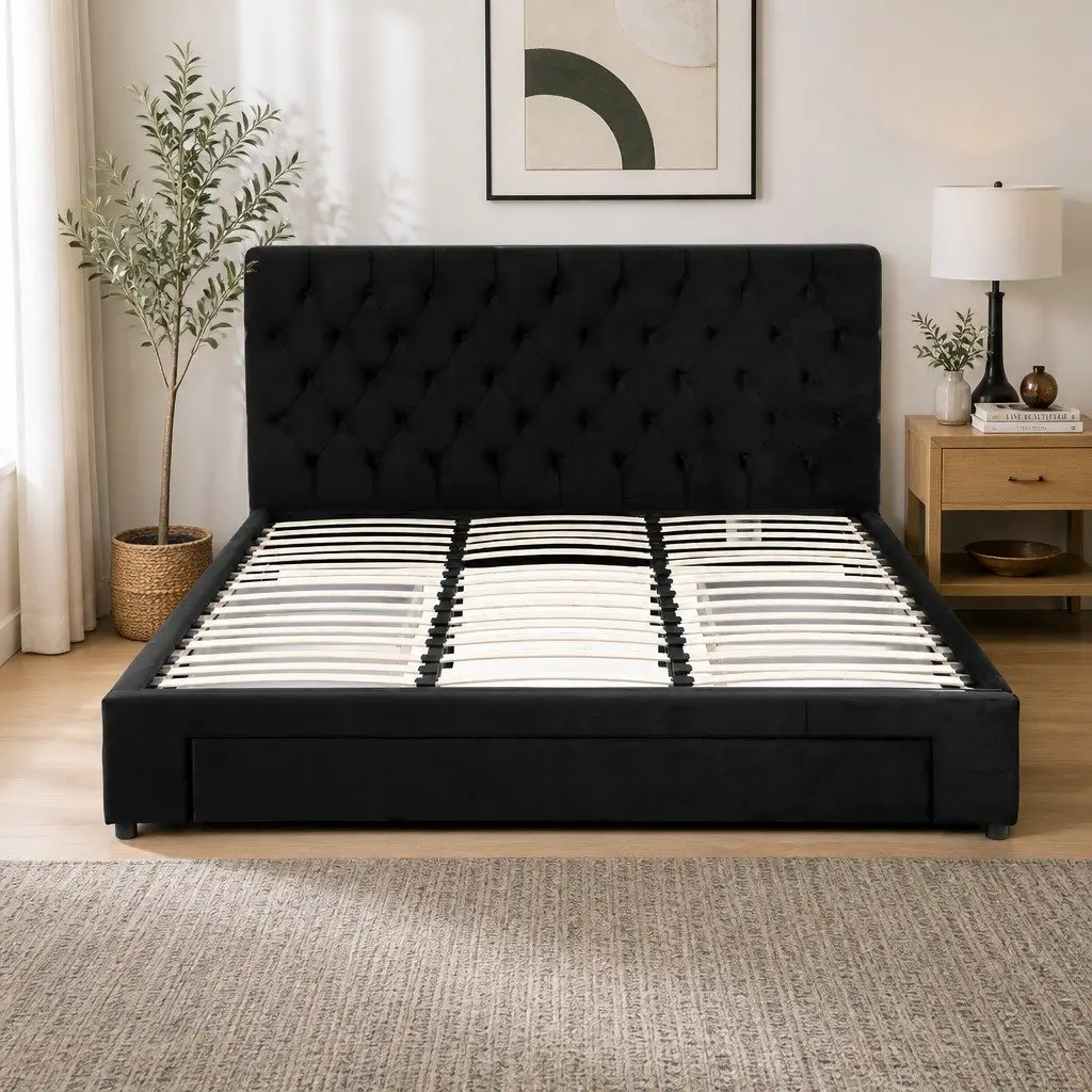 King-Sized Upholstered Bed Frame with Storage Drawers