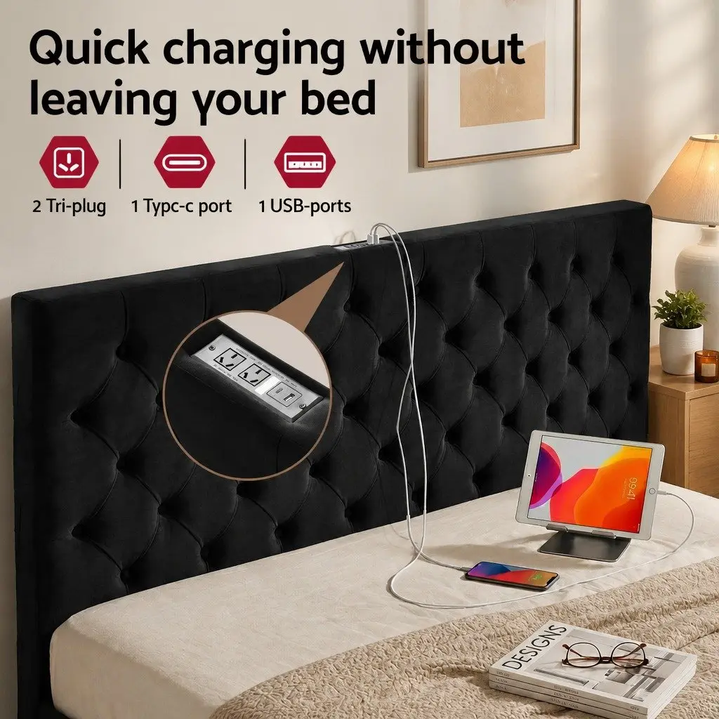 King-Sized Upholstered Bed Frame with Storage Drawers