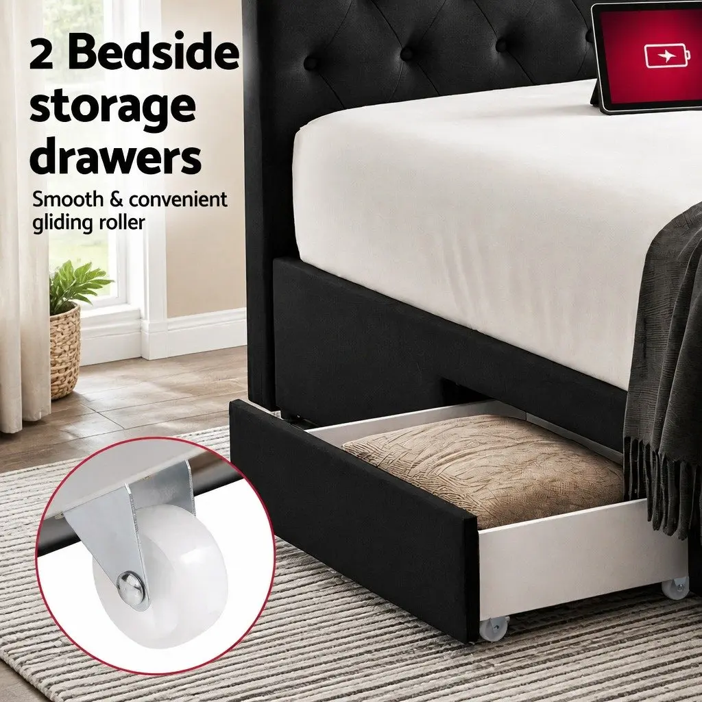 King-Sized Upholstered Bed Frame with Storage Drawers