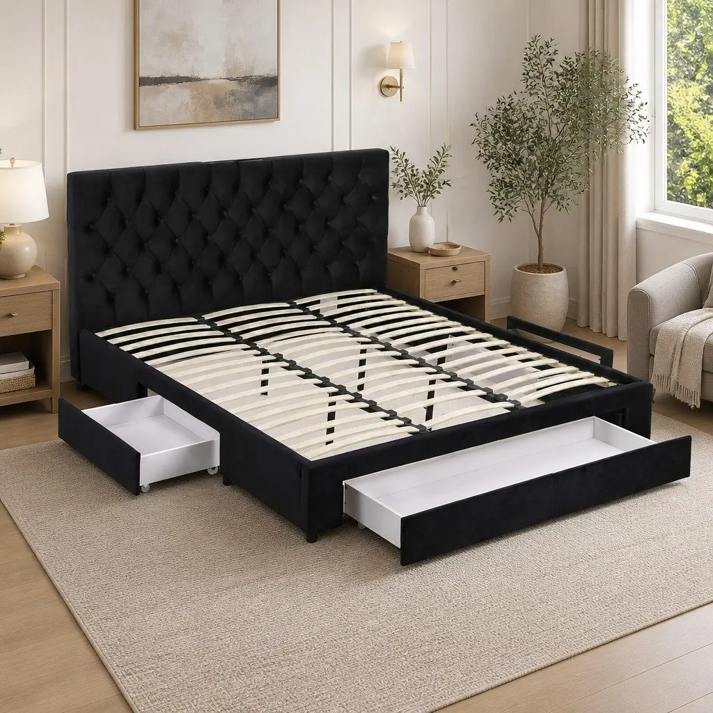 King-Sized Upholstered Bed Frame with Storage Drawers