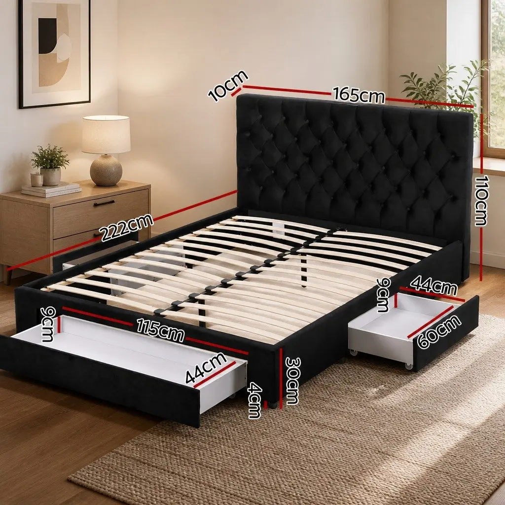 Queen Upholstered Bed Frame with Storage Drawers and Charging Station USB Type-C