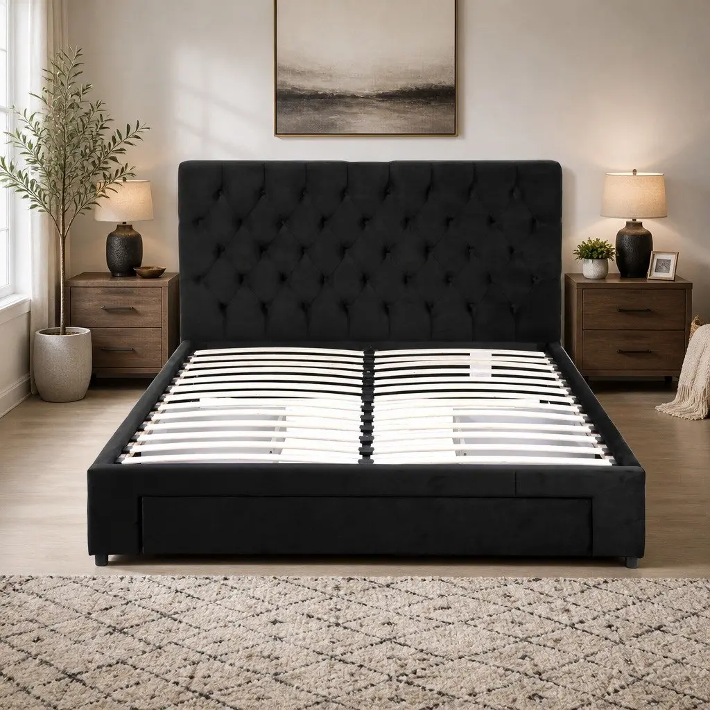 Queen Upholstered Bed Frame with Storage Drawers and Charging Station USB Type-C