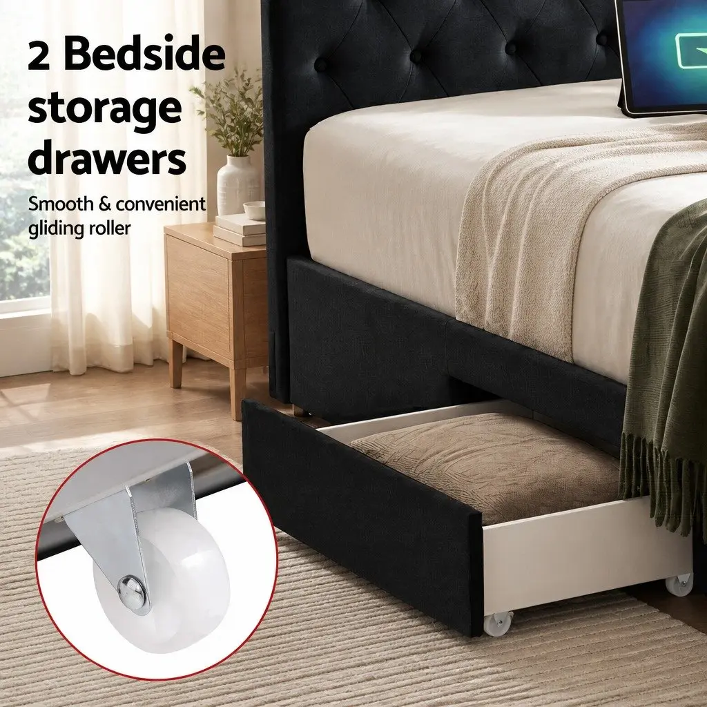 Queen Upholstered Bed Frame with Storage Drawers and Charging Station USB Type-C