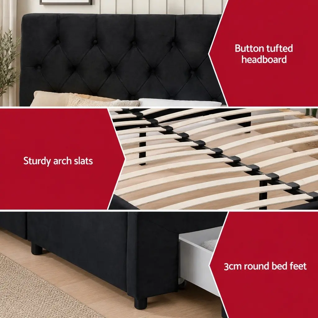 Queen Upholstered Bed Frame with Storage Drawers and Charging Station USB Type-C
