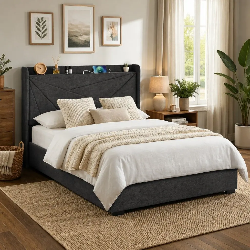Double Bed Frame Gas Lift Storage Upholstered Headboard Charging Ports