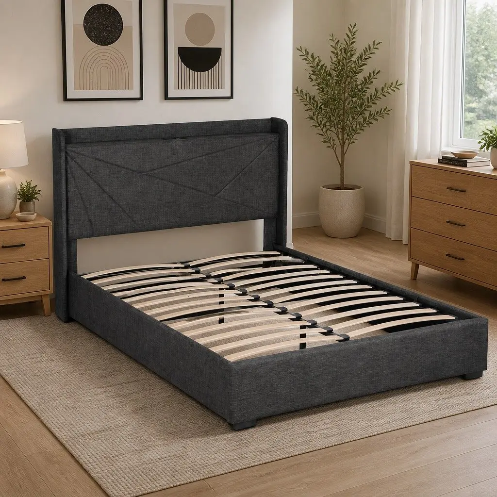 Double Bed Frame Gas Lift Storage Upholstered Headboard Charging Ports