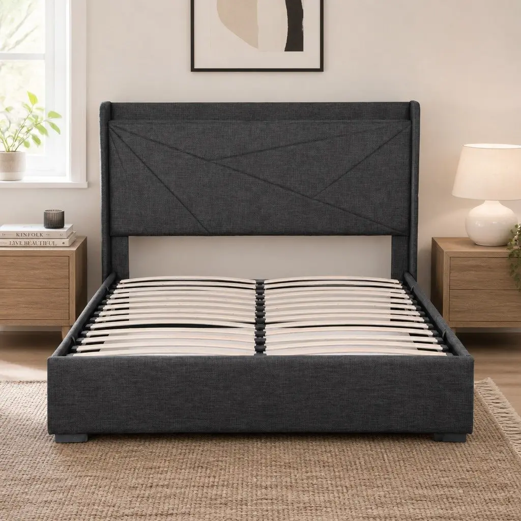 Double Bed Frame Gas Lift Storage Upholstered Headboard Charging Ports