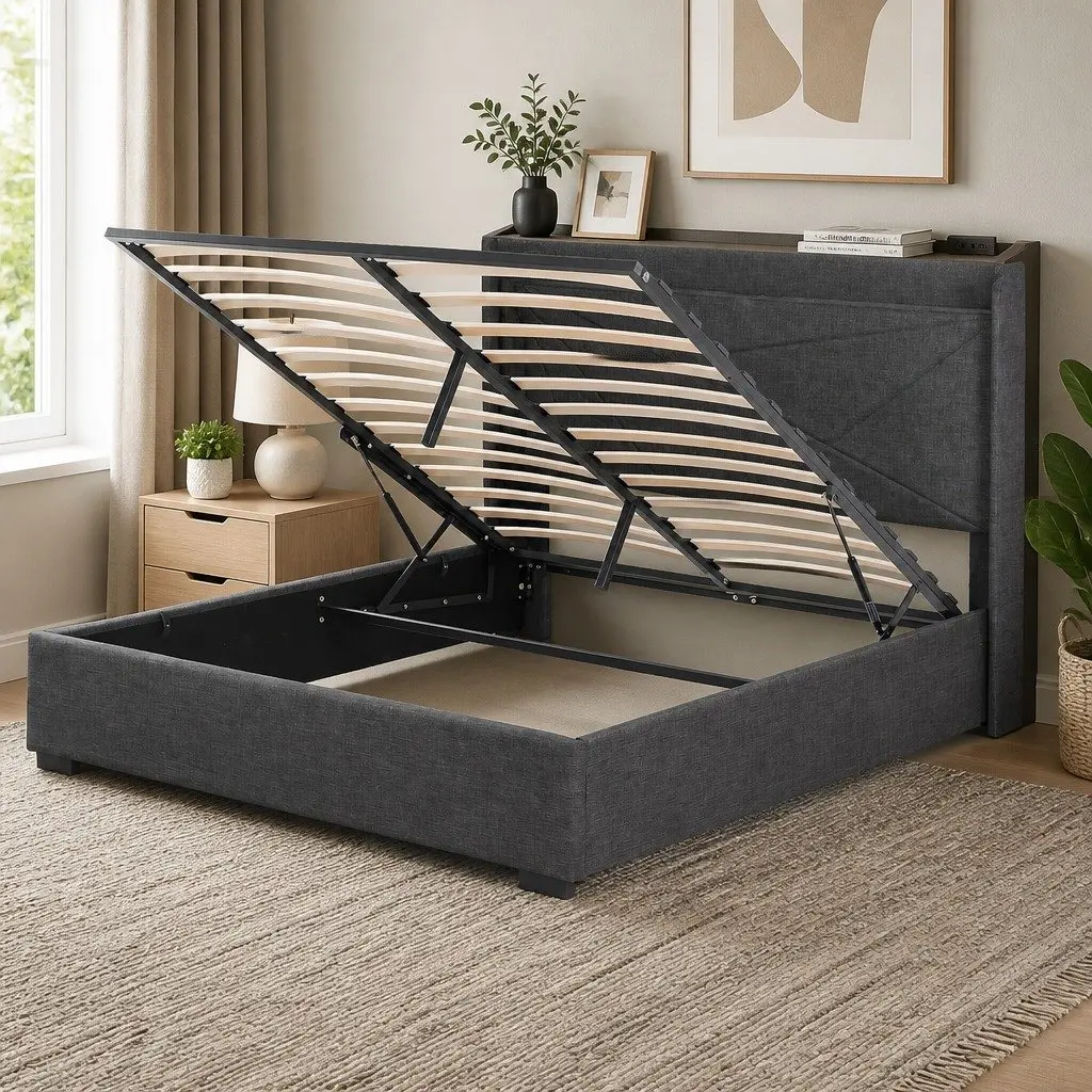 Double Bed Frame Gas Lift Storage Upholstered Headboard Charging Ports