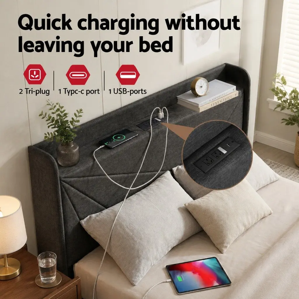 Double Bed Frame Gas Lift Storage Upholstered Headboard Charging Ports