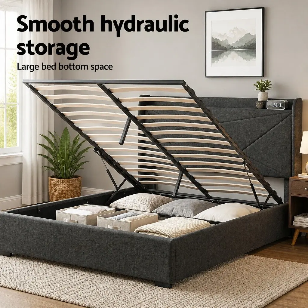 Double Bed Frame Gas Lift Storage Upholstered Headboard Charging Ports