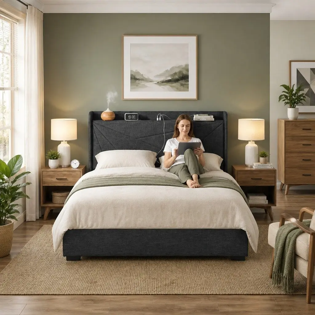 Double Bed Frame Gas Lift Storage Upholstered Headboard Charging Ports
