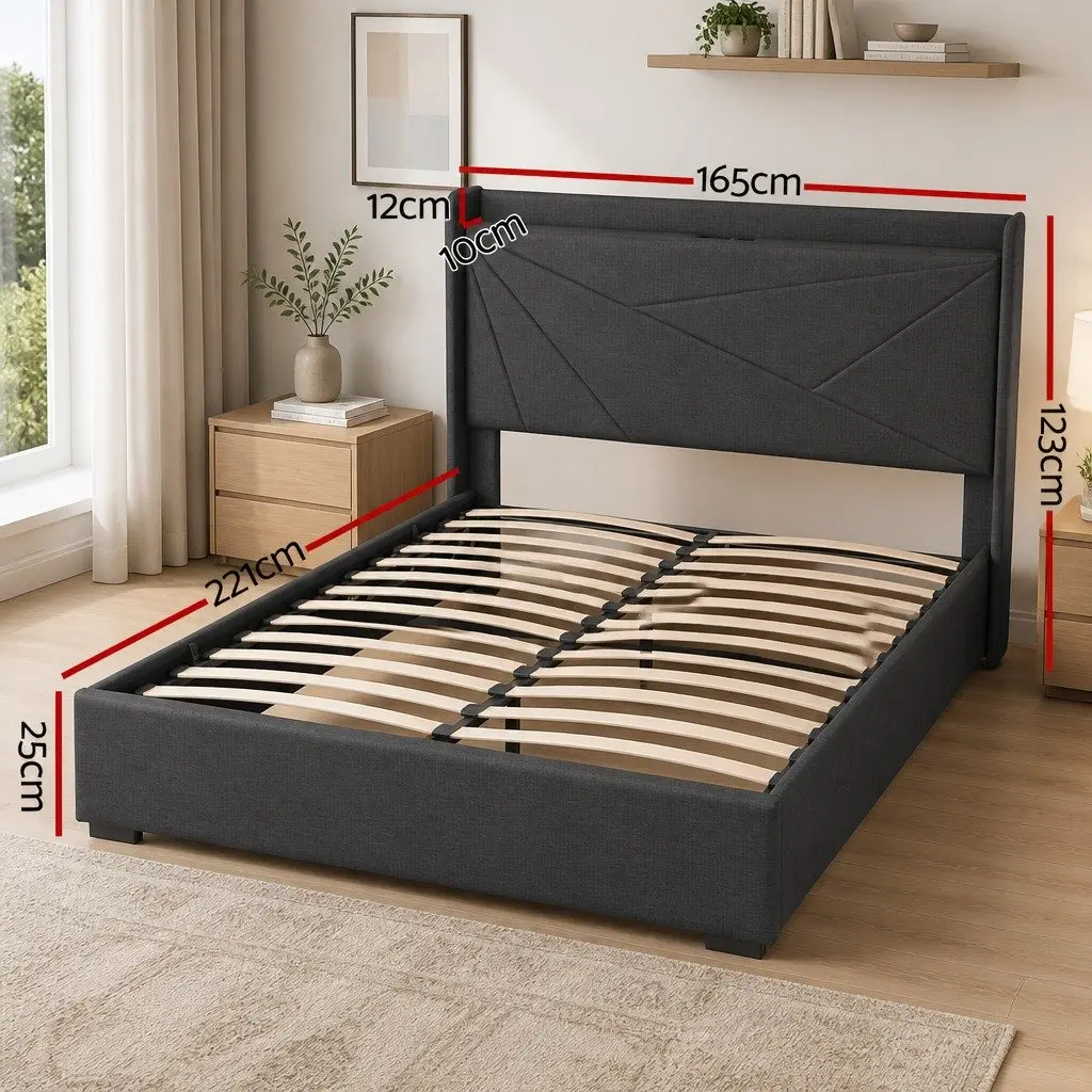 Queen Bed Frame with Gas Lift Storage Charging Ports Upholstered Geometric