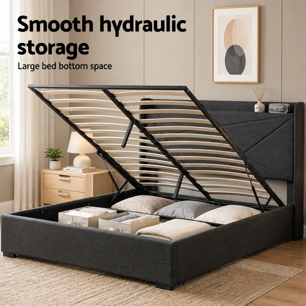 Queen Bed Frame with Gas Lift Storage Charging Ports Upholstered Geometric