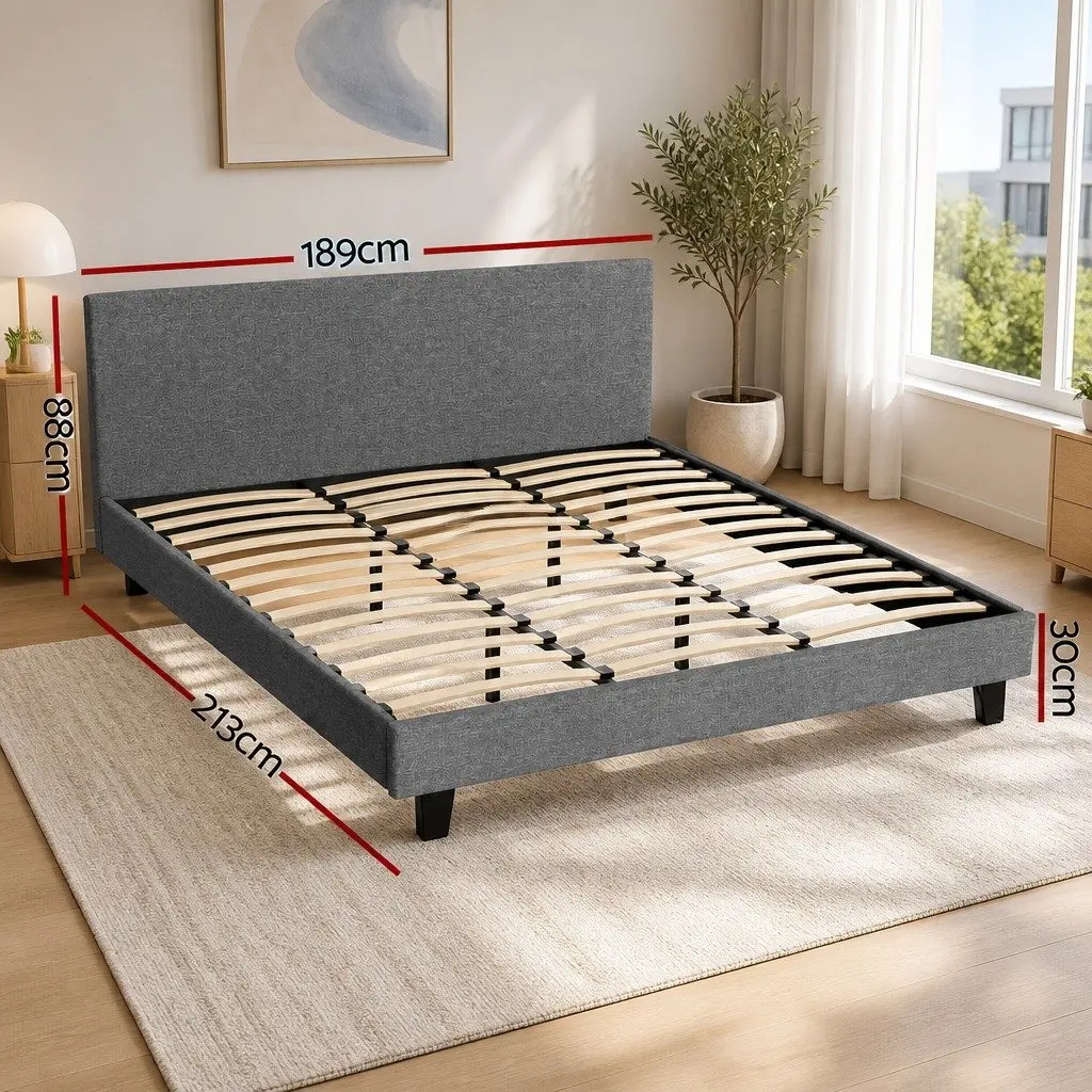 King Size Bed Frame Grey Upholstered Padded Headboard Wood Slat Base Modern