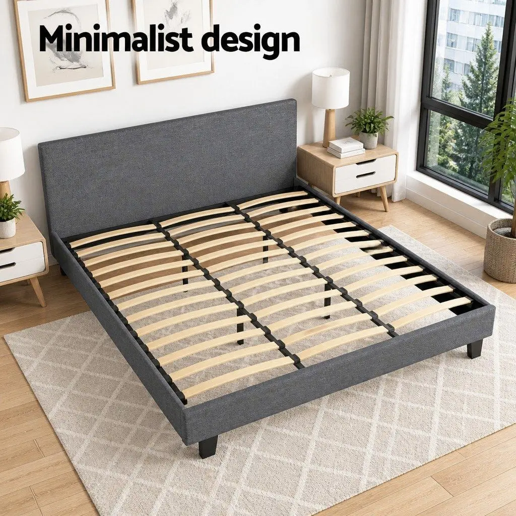 King Size Bed Frame Grey Upholstered Padded Headboard Wood Slat Base Modern