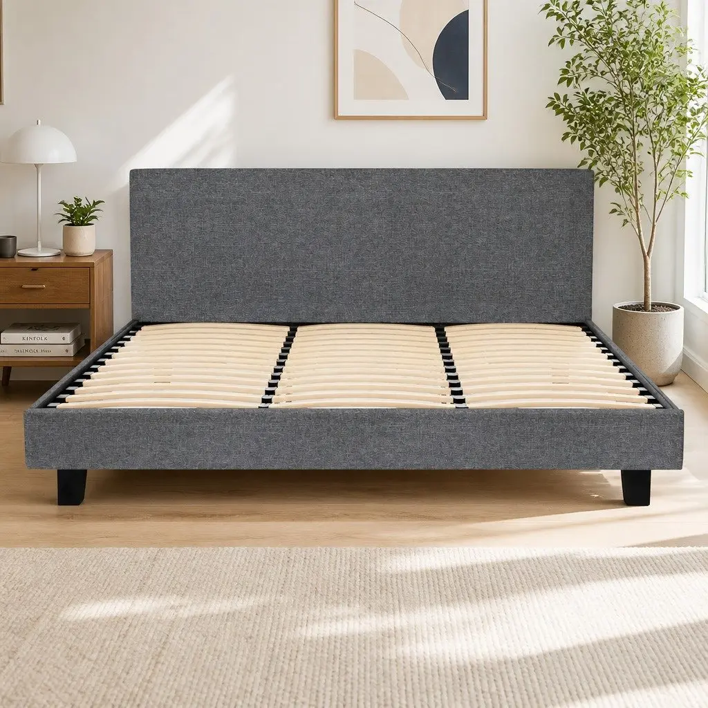 King Size Bed Frame Grey Upholstered Padded Headboard Wood Slat Base Modern
