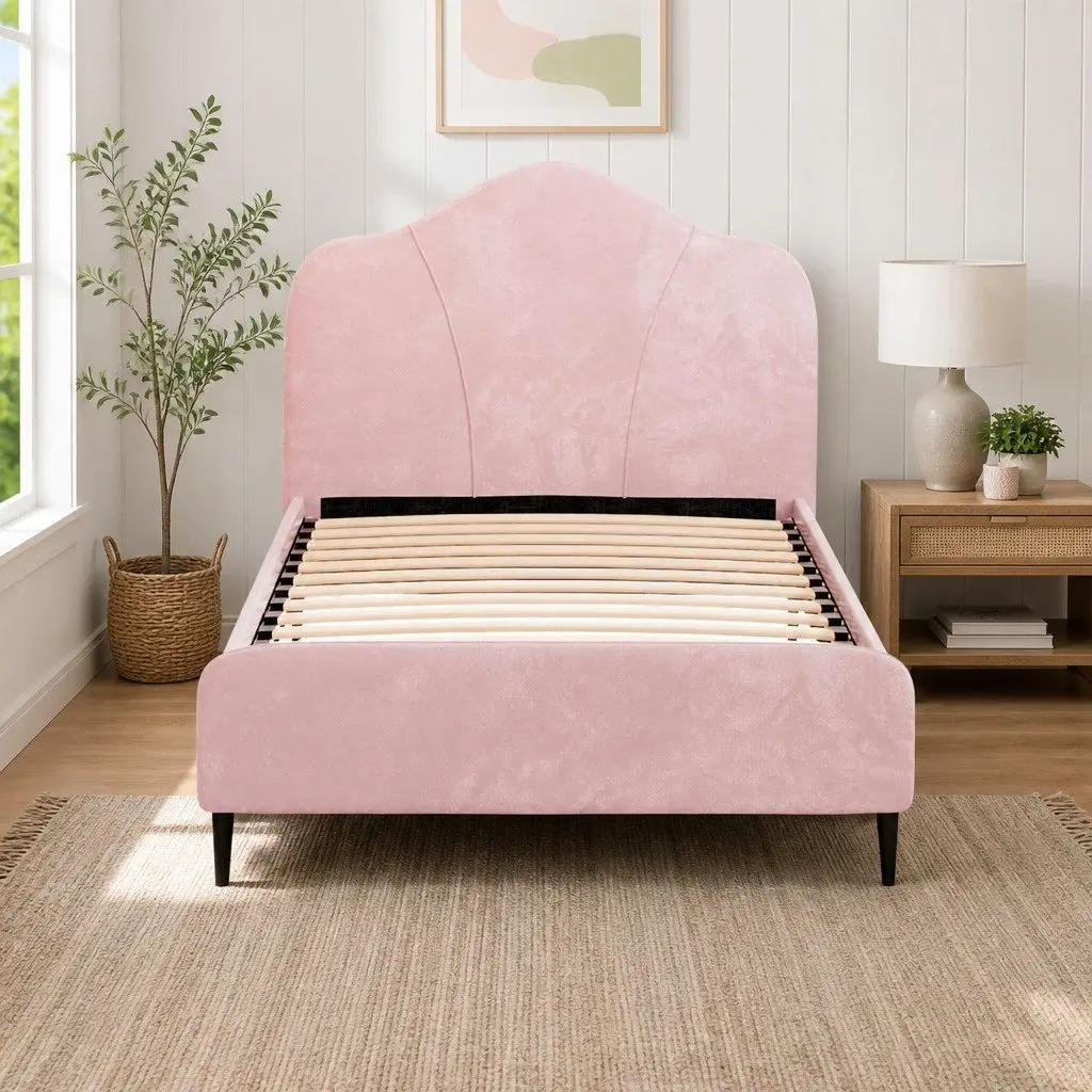 King Single Bed Frame Pink Velvet Upholstered Wooden Bedroom Furniture with