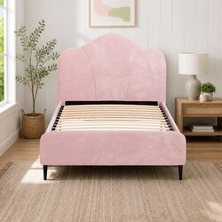 King Single Bed Frame Pink Velvet Upholstered Wooden Bedroom Furniture with