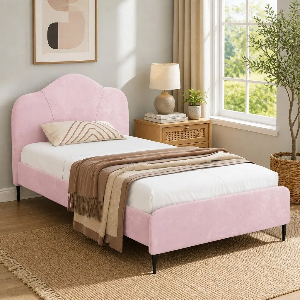 King Single Bed Frame Pink Velvet Upholstered Wooden Bedroom Furniture with