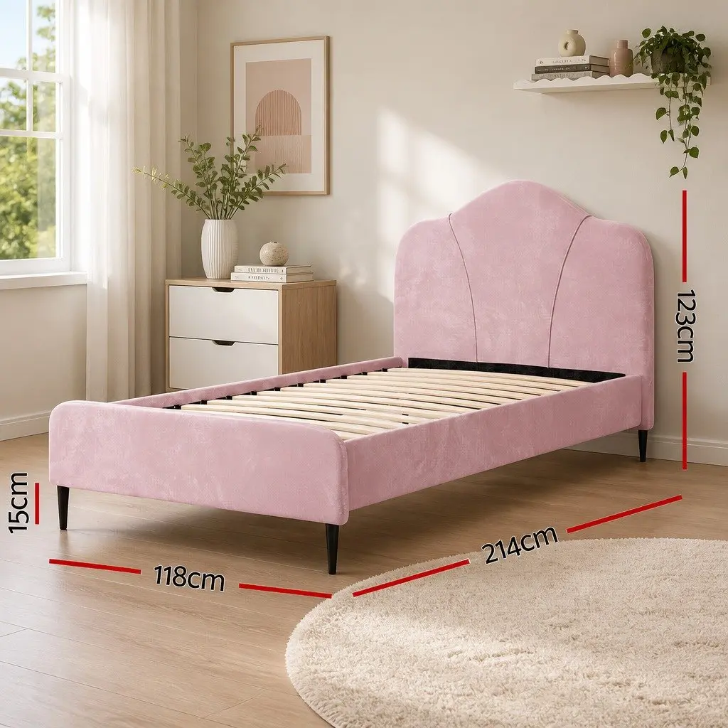 King Single Bed Frame Pink Velvet Upholstered Wooden Bedroom Furniture with