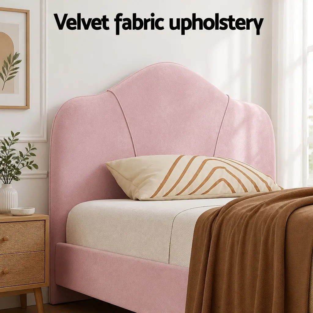King Single Bed Frame Pink Velvet Upholstered Wooden Bedroom Furniture with
