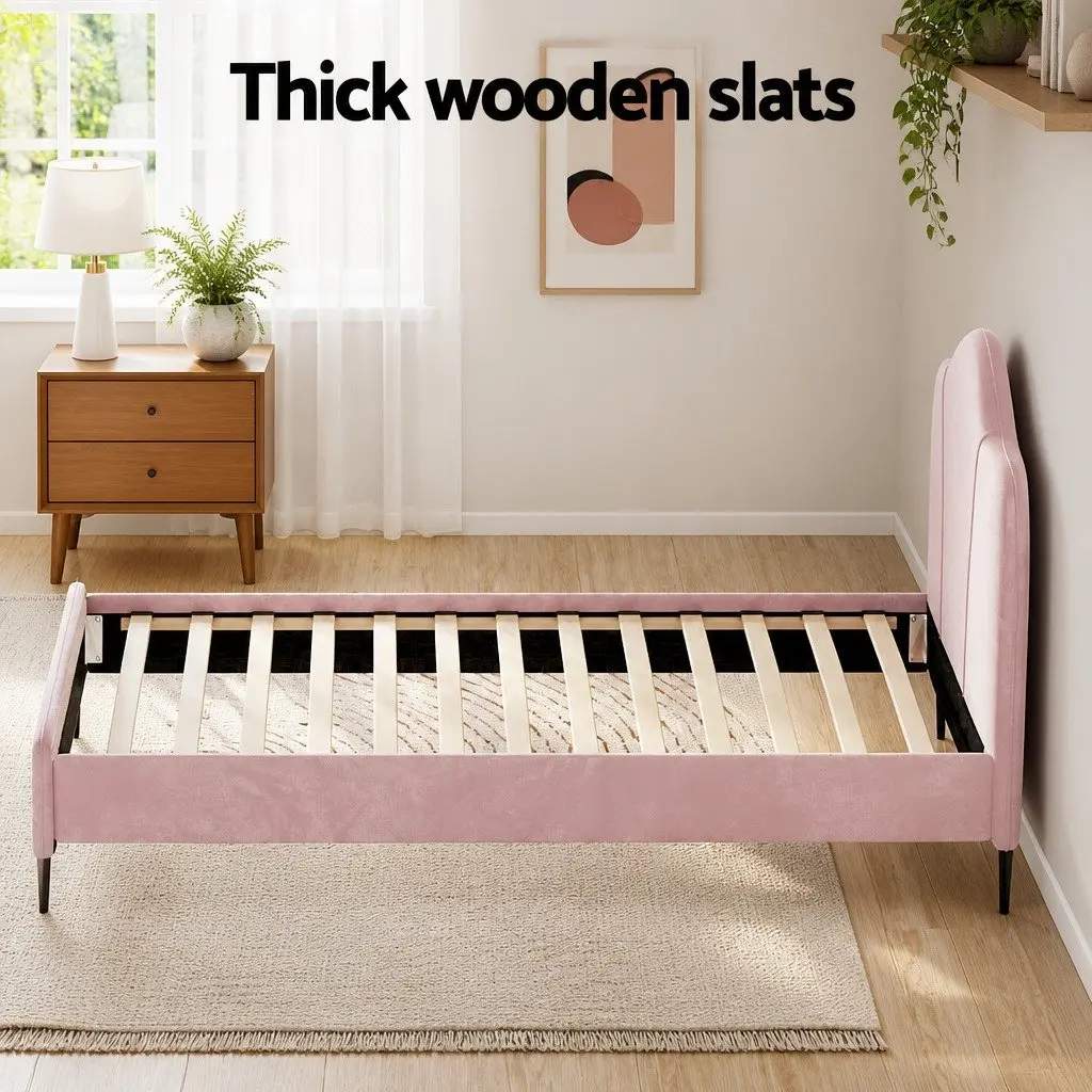 King Single Bed Frame Pink Velvet Upholstered Wooden Bedroom Furniture with