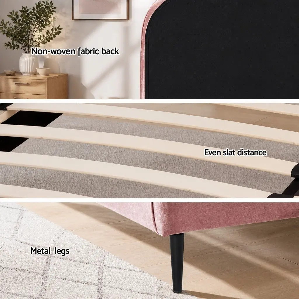 King Single Bed Frame Pink Velvet Upholstered Wooden Bedroom Furniture with