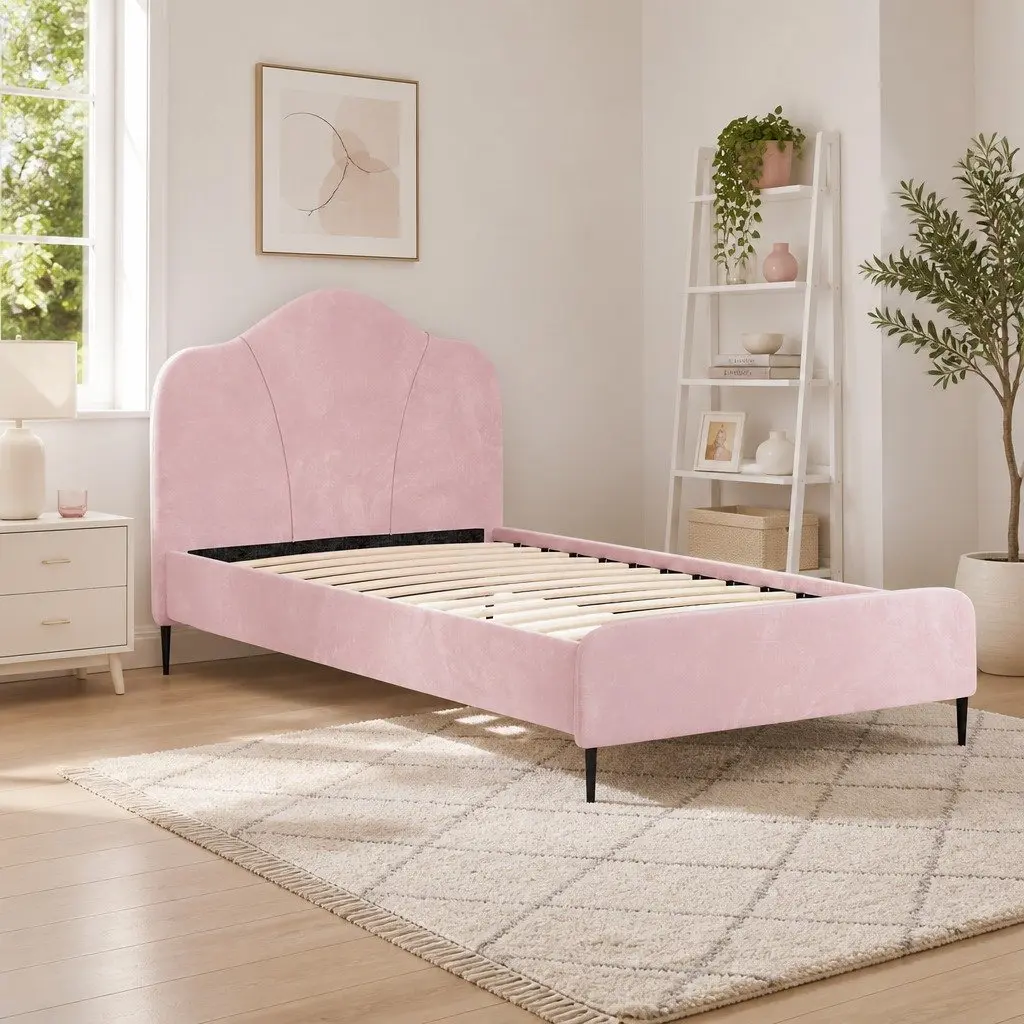 King Single Bed Frame Pink Velvet Upholstered Wooden Bedroom Furniture with