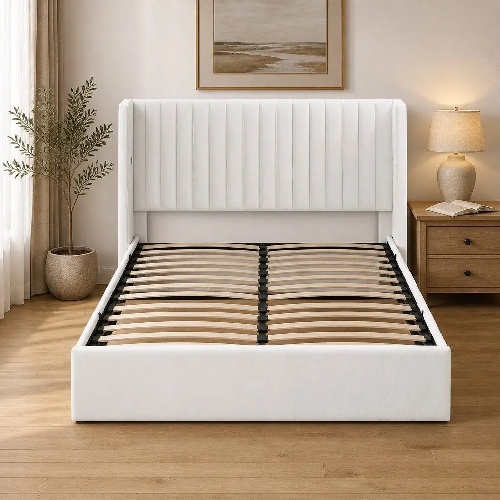 Double Bed Frame with Gaslift Storage USB Type-C Charging Ports Velvet White