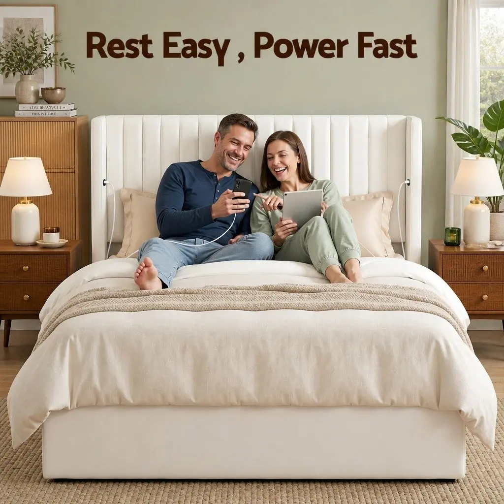 Double Bed Frame with Gaslift Storage USB Type-C Charging Ports Velvet White