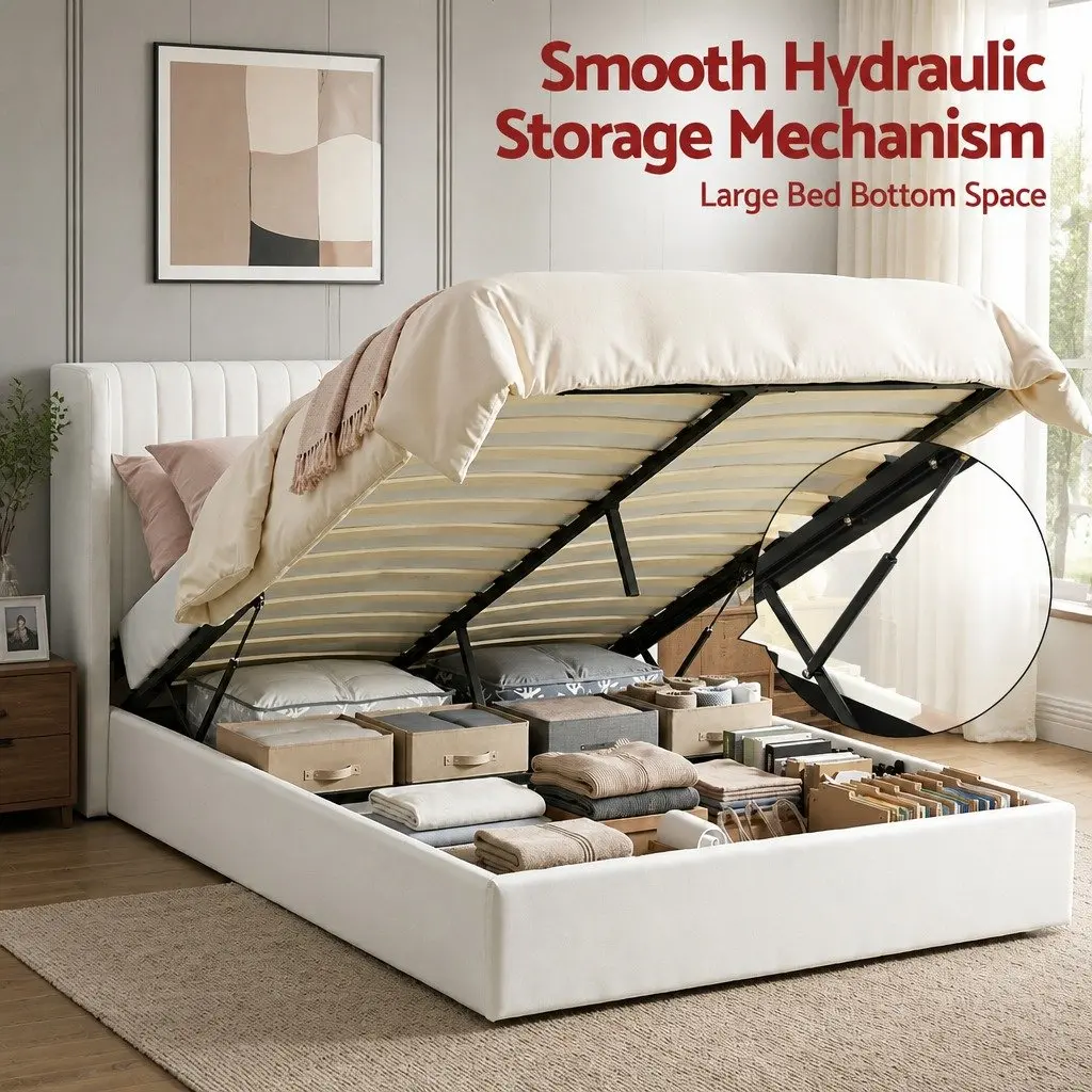 Double Bed Frame with Gaslift Storage USB Type-C Charging Ports Velvet White