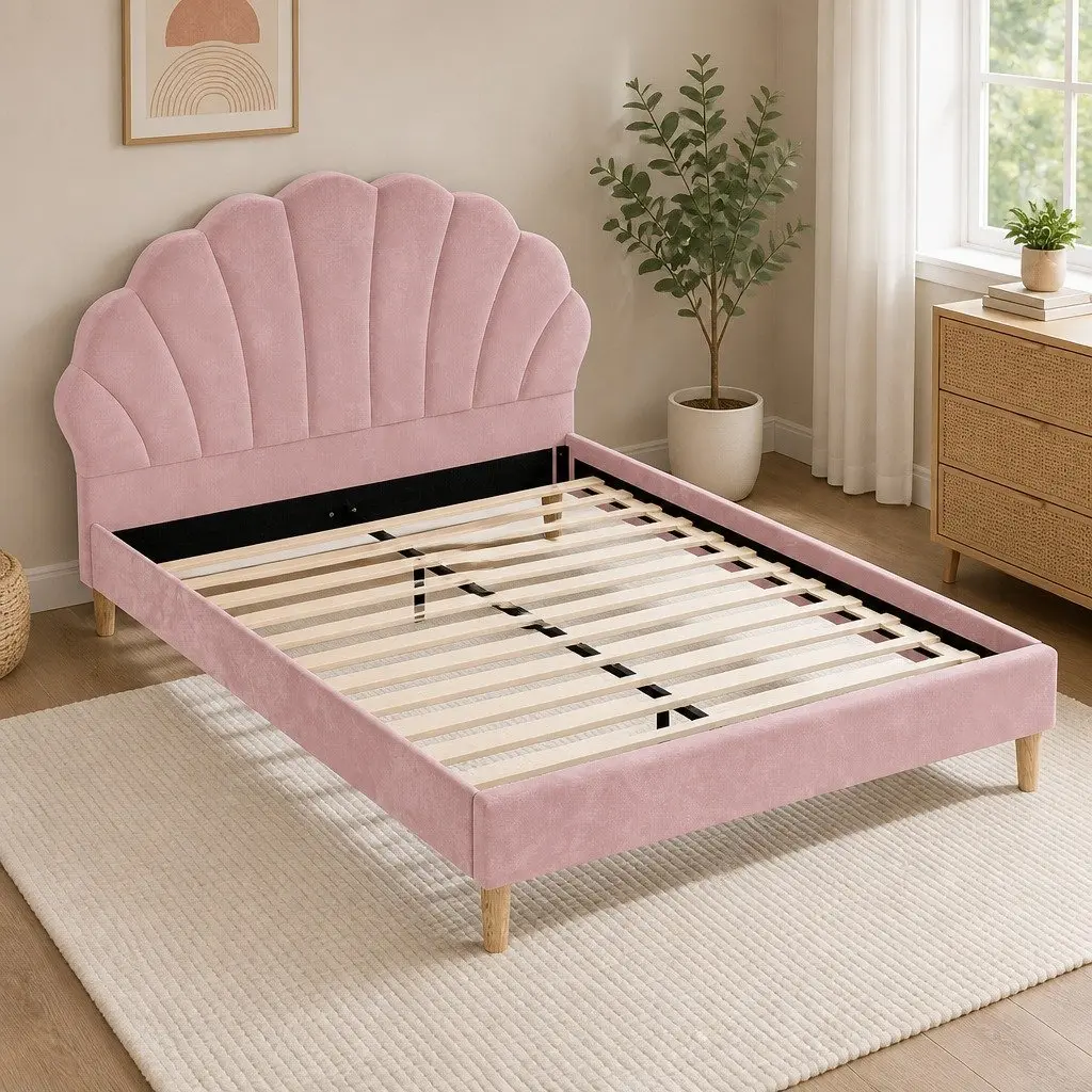 Double Bed Frame Scallop Pink Velvet Fabric Wooden Base Bedroom Furniture