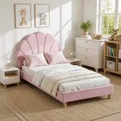 Single Bed Frame Scallop Upholstered Headboard Pink Platform Base 180kg Capacity